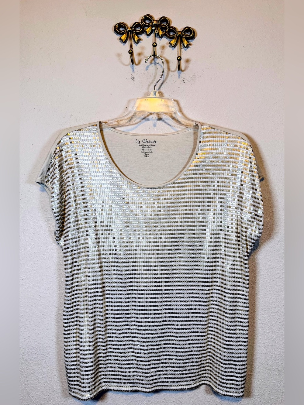 Chico's Gold Striped Sequin Short Sleeve Tee. Barely there sleeves. Size 12